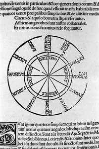 Aristotelis libri IV de coelo et mundo Cum Expositione S.Thomae de Aquino et Cum Additione Petri Alverniae.これはアリストテレスの書物に聖トマス・アクィナスの解説を加え、アルヴェルニアのペトロによる追加説明を加えたものである。ヴェネツィア、1495年版 作： Unknown artist