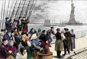 ニューヨークの港に到着した移民の家族、自由の女神像が見える。1888年「Harper
