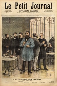 分遣隊会議所のバーで、左から右へ。エミール・バスリー（1835-1928）鉱山労働組合のパリ代表、カミーユ・ペレタン（1846-1915）ジャーナリスト、作家、ブーシュ・デュ・ローヌの代表、アレクサンドル・ミラーラン（1859-1）。 作： Unknown artist