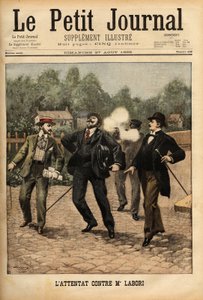 アルフレッド・ドレフュス（1859-1935）の弁護を担当した弁護士フェルナン・ラボリ氏（1860-1917）への攻撃。レンヌで裁判の場に向かう途中、背中に銃弾を受けた。1899年8月27日の「Le petit journal」に掲載されたエングレーヴィング。セルバ・コル 作： Unknown artist