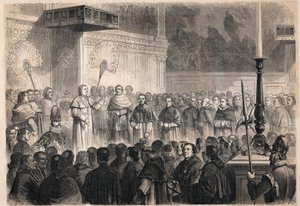 1597年に日本で磔にされた26人の「日本の殉教者」の列福を記念して、ローマのシスティーナ礼拝堂で行われた教皇ピオ9世（Pio）（1792-1878）による外国人教会関係者への謁見。 作： Unknown artist