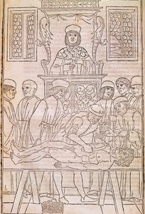 Autopsy.Codice。解剖学の研究のために医師が解剖する死体のこと。"Fascicula Medicinae".Johannes Kethanによる医師のファシクルの写本 作： Unknown artist