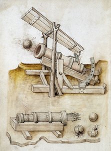 ボールガンと矢筒 - 写本：土木・宗教・軍事建築物建設のための技術者マニュアルの羊皮紙、無名、15世紀後半（墨で描かれた図形 作： Unknown artist