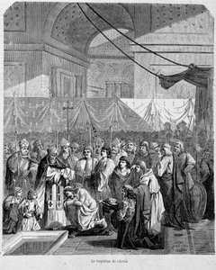 498年12月25日、ランスのカテドラルで行われたアナスターゼ2世によるクロヴィスの洗礼式 - "Histoire des popes" vol.1, Maurice Lachatre. 作： Unknown artist