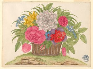 地上の花と葉のバスケット