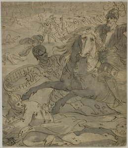 フォア グラウンドで馬に乗って将軍を充電している戦闘シーン、バック グラウンドで大砲と大砲 作： Unknown artist
