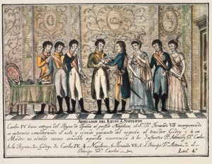 1808年、アランフェスの反乱をきっかけに、スペイン王シャルル4世が退位し、息子のフェルディナンド7世（フェルナンド7世）の前にナポレオン1世に王位を譲った際のバイヨンヌのインタビュー。 作： Unknown artist