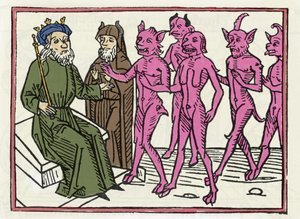 ベリアルの裁判"ベリアルの悪魔は他の4つの悪魔を伴ってソロモン判事の前に現れる" "ヤコブス・デ・テラモ（またはパラディーノ）の「ベリアルの裁判」からのエングレーヴィング、アウスブルグ