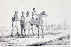 競馬場の端で馬に乗ったジョッキーと賭けをする - リトグラフ, deb.19世紀 作： Unknown artist