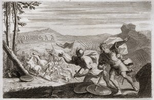 ローヤルモンの聖書、旧約聖書。サウルの敗北。サウルの軍隊はペリシテ人に敗北した。彼の3人の子供はそこで殺され、戦いで重傷を負った彼は自害した。挿絵は1811年のもの。 作： Unknown artist