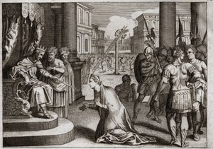 ローヤルモンの聖書、旧約聖書。アマンの処罰。アッスルス1世（クセルクセス1世）は、マルドケ（またはモルデカイ、モルデカイ）のために用意した絞首台からアマン（ハマン）を吊るし、王国中に公表していた「死の編集」を撤回した。