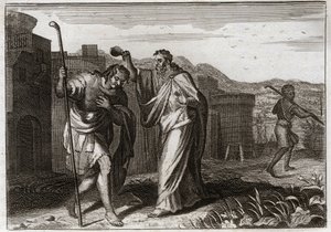 ロワイヨの聖書、旧約聖書。サウルの儀式。サミュエルは神の命により、サウルをユダヤ人の王として神聖化した。1811年のイラスト。 作： Unknown artist