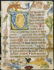 Book of Hours の Bifolio: 頭文字 V with Floral Border 作： Unknown artist