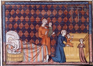 フランス王ルイ9世またはサン・ルイ（1214-1270）の誕生と教育。サン・パストゥスのウィリアムによる写本「サン・ルイの生涯と奇跡」のミニチュア