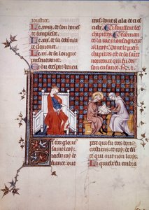 息子ルイ9世（1214-1270）の教育を指導するフランス王妃ブランシュ・ド・カスティーユ（1188-1252）（サン・パススのウィリアムによる写本「サン・ルイの生涯と奇跡」からのサン・ルイのミニチュア。1320.パリ、B.N. 作： Unknown artist