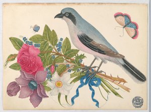 蝶とバラとチューリップの花束に青い鳥 作： Unknown artist