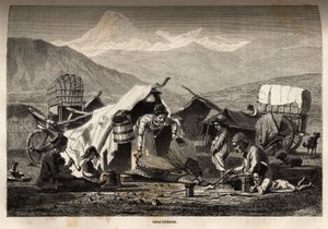 ボヘミアン・キャンプEdouard Charton編集の "Le tour du monde, nouveau journal des voyages "に掲載された1864-1865年のBasile Vereschaguineによるコーカサス地方での航海を説明するためのエングレーヴィング。 作： Unknown artist