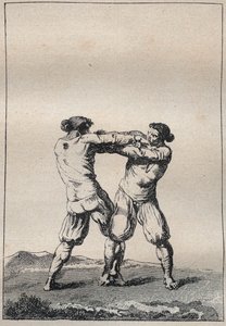 ジャック・カンブリ（1749-1807）の「Voyage dans le Finistere ou État de ce département en 1794 et 1795」に掲載されたブルトン人力士の版画。 作： Unknown artist