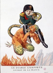 悪魔に抱かれたナポレオン・ボナパルトの漫画。悪魔がフランスの願いを叶えてくれますように-「ナポレオン1世、風刺画、ダミーコレクション」にて。1814 - 1815.B.H.V.P. 作： Unknown artist