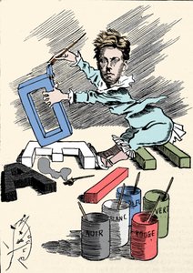 詩人アルチュール・ランボー（1854-1891）がアルファベットの文字に絵を描いている様子を描いた漫画。"Men of Today "より抜粋 作： Unknown artist