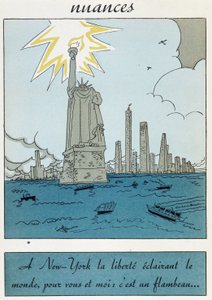 アメリカの自由の女神の漫画。"ニューヨークの自由は世界を照らす、あなたと私にとっては松明である" 作： Unknown artist