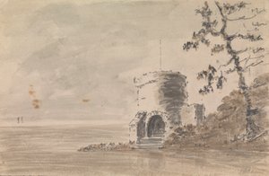 湖のある風景シーンの城跡 作： Unknown artist