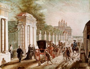 エカテリーナ2世（エカテリーナ・アレクセイエヴナ）（1729-1782）は、1762年に帝王として戴冠する前にペテルホフ宮殿を後にした。18世紀末のリトグラフ。サンクトペテルブルクペーターホフ宮殿（Chateau De Peterhof 作： Unknown artist