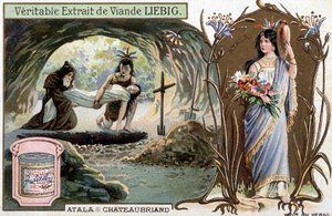 アタラを埋葬するチャクタスと父オーブリー、ヒロインの肖像 - フランソワ・ルネ・ド・シャトーブリアン（1768-1848）作『アタラ』または『砂漠の二人の愛』の一場面 - リービッヒ・クロモリトグラフィー 作： Unknown artist