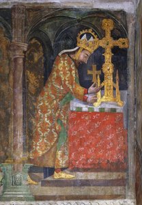ルクセンブルク皇帝シャルル4世（1316-1378）、聖遺物箱に聖十字架の破片を入れる - シャルル4世、聖遺物箱に聖十字架の破片を入れる - Anonymous.フレスコ画、1360年頃、プラハのナショナル・ギャラリー 作： Unknown artist