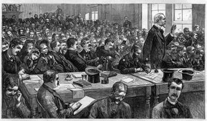チャールズ・ジュリアス・ギトー（1841-1882）：1881年にアメリカ大統領ジェームズ・エイブラム・ガーフィールド（1831-1881）を殺害した犯人で、裁判中の様子（アメリカ 作： Unknown artist