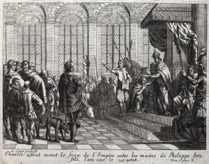シャルル5世（1500-1558）は、10月25日に息子であるフィリップ2世（フェリペ）（1527-1598）に帝国のフェイクを渡した。 作： Unknown artist