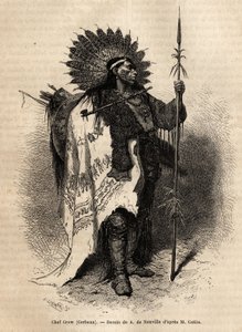 ルイス川沿いに住むクロウ・インディアン部族のイエロー・モカシン酋長。1855年にG.カトリンがコロンビアとアッパー・ミズーリの盆地のインディアン部族の間で行った旅行を説明するために描いたもので、"le tour du monde "に掲載された。