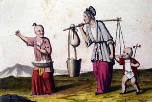 中国。水を運ぶ女性と2人の子供、大きな子供は米のかごを持っています。19世紀の版画です。 作： Unknown artist