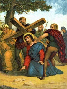 キリストの生涯を描いた19世紀末のクロモリトグラフ。イエスはまず十字架の下に倒れる。