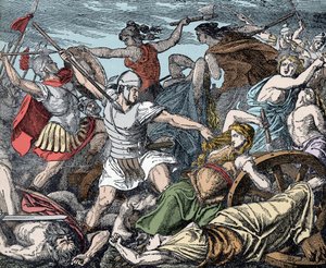 馬車の砦を守るCimbricの女性たち - Roman Antiquite, Cimbres War: ローマ兵に対するCimbresの女性たちの犠牲。 作： Unknown artist