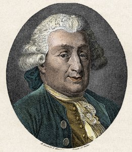 コメディア・デラルテ：イタリアの演劇人カルロ・ゴルドーニ（1707-1793）の肖像。19世紀のカラーエングレーヴィング