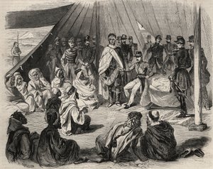 アルジェリアのコンケテ：1857年に大カビリアへ遠征。フランス軍によるベニ・ラテン(Beni Raten)のカビル族の服従。1857年の「Le Monde illustrious」に掲載されたエングレーヴィング。個人蔵。 作： Unknown artist