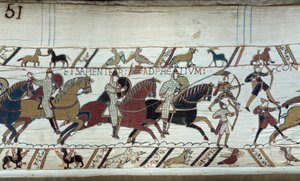 1066年、ノルマンディー公ウィリアム征服王によるイングランドの征服：ヘイスティングスの戦いの始まり バイユータペストリーの詳細またはマチルド王妃の刺繍 作： Unknown artist