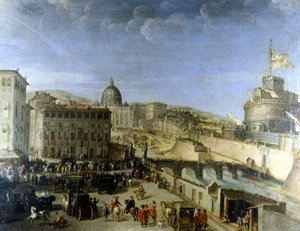 ローマのサンタンジェロ橋に向かう教皇の車列 作： Unknown artist