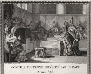 878年9月7日、トロイの公会議。878年5月、サラセン人とイタリア貴族に脅かされた教皇ヨハネ8世は、ボソン公とその妻エルメンガルドの下、アルルに避難してくる。彼はトロイで彼に同行し、あるいは大会議を組織している。 作： Unknown artist