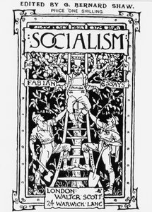 G.B.ショーが編集したフェビアン協会の雑誌「Socialism」の表紙。資本を象徴する最上位の特権者が、二丁拳銃で労働者を監督している様子を寓意的に表現している。エングレーヴィング。
