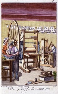 クラフト工芸：銅版画家の工房での作業風景。ヨハン・ペーター・ヴィレ著「若い人のための芸術・工芸・ワークショップの総合解説」にて。Ed.ニュルンベルク、ヴァイゲルとシュナイダー 作： Unknown artist