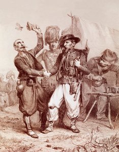 クリミア戦争（1853-1856）：フランス、サルデーニャ王国、イギリスの対ロシア同盟の寓話。1854 作： Unknown artist