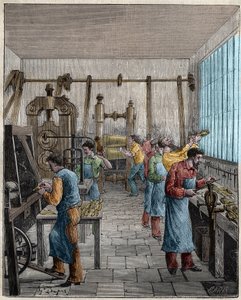 19世紀のフランスの刃物製造工場（ポサーテ）。Adolphe BITARDの "Les arts et metiers illustres "に掲載された1885年のエングレーヴィング。 作： Unknown artist
