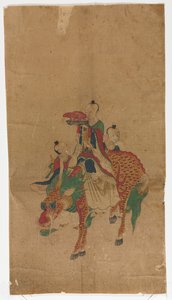 麒麟と二人の従者に乗った道士の仙人