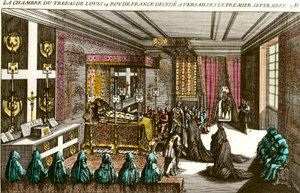 ルイ14世の死：ソレイユ王として知られるルイ14世（1638-1715）の霊安室は、1715年1月9日にヴェルサイユに退去した。18世紀のエングレーヴィング 個人蔵 作： Unknown artist