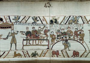 イングランドのデバルク、征服王ウィリアム（1027-1087）の武器は、ハロルド2世のサクソン人の武器と戦うために待っている間、ごちそうを作っている。ギヨームは男爵たちに囲まれ、バイユー・タペストリーやマチルド王妃の刺繍のイヴク・オドンのディテール