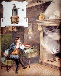 ドニ・パパン（1647〜1714）がポットを発明。(分のココットの祖先）19世紀のクロモリトグラフ。 作： Unknown artist