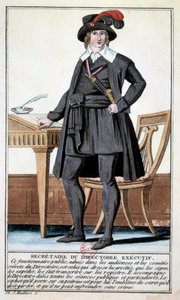 Directoire：執行役員会の秘書としての衣装。18世紀のエングレーヴィング。パリ、B.N. 作： Unknown artist