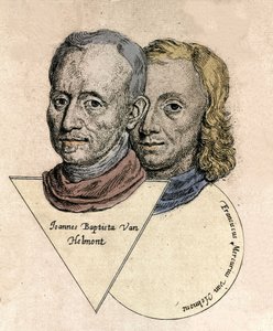 ベルギーの化学者ジャン・バティスト・フォン・ヘルモント(Jan Baptiste van Helmont)(1577-1644)とフランソワ・メルキュール・フォン・ヘルモント(François Mercure van Helmont)(1614-1699)の二重肖像画。エングレービング 作： Unknown artist